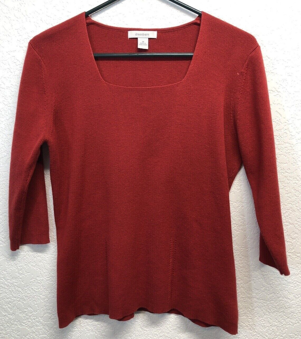 Dressbarn Knit Sweater Women's Medium Deep Red Boat Neck Pullover 1/2 sleeves